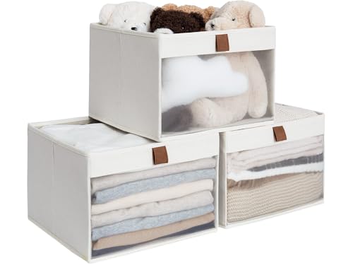 StorageWorks Closet Storage Bins, Large Storage Baskets with Clear Window and Handles, Foldable Fabric Organizer for Clothes, Shelves, Beige, 3 Pack - color: Beige, size: 12 ¾" L x 12 ¾" W x 9" H