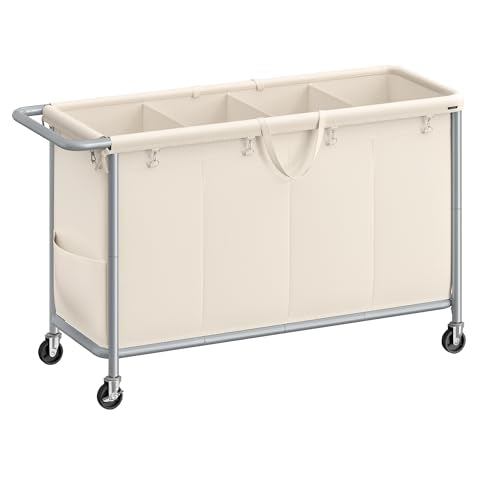 SONGMICS Laundry Basket with Wheels, 4-Section Rolling Laundry Hamper, 68.6 Gallons (260 L), Removable Liner, Steel Frame with Handle, 43.3 x 15.4 x 31.9 Inches, Cream White URLS014W01 - color: Cream White, size: 260 L (4-Section)