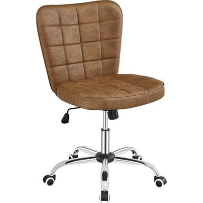 Yaheetech Retro Brown Tufted Armless Desk Chair with Wheels, Faux Leather | Thick foam cushioned seat tilts back to relax, lifts 18-22 in, spins 360 degrees, holds 300 lb, and assembles with ease. - color: Retro Brown