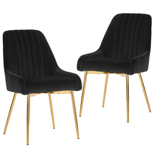 Black Velvet Dining Chairs Set of 2, Modern Kitchen and Vanity Chairs | Modern upholstered vanity chairs with gold metal legs, stain-resistant hand-quilted fabric, high-density foam cushion seat - color: Black, size: Set of 2