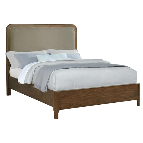 Queen Bed, Upholstered Bed, Walnut Panel Bed, Grey Fabric Headboard, Bed Frame, Extra Low Footboard, Walnut Veneer, Transitional for Modern and Classic Rooms, 1 Bed