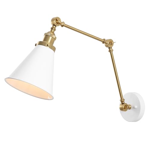 JONATHAN Y Rover 1-Light Wall Sconce 7", White/Brass Gold | Adjustable Arm, Hardwired Bedside Reading Swing Arm, Farmhouse Cone Shade, Metal Hardwired Indoor Fixture, LED Bulbs Included - color: White/Brass Gold, size: Set of 1