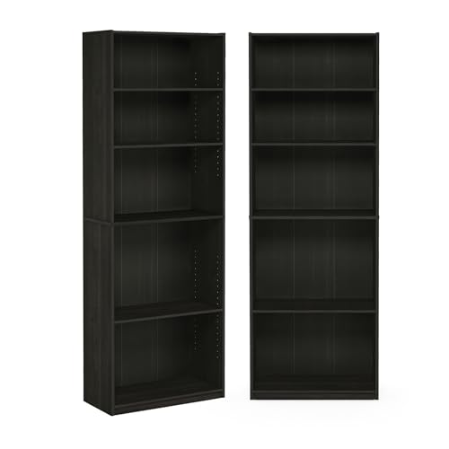 Furinno Jaya Book Shelf Set of 2, 5-Tier Bookshelf, Bookcase, with Adjustable Shelf, 9.5 x 24.5 x 71, for Home Office, Living Room, Espresso - color: Espresso, size: Set of 2, 5-Tier