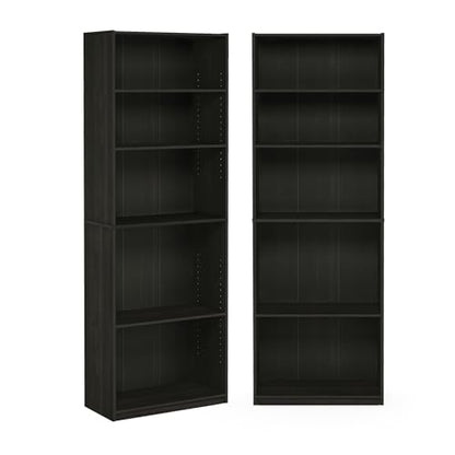 Furinno Jaya Book Shelf Set of 2, 5-Tier Bookshelf, Bookcase, with Adjustable Shelf, 9.5 x 24.5 x 71, for Home Office, Living Room, Espresso - color: Espresso, size: Set of 2, 5-Tier