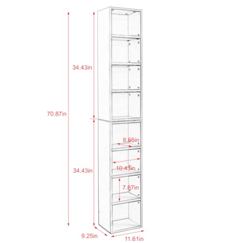 Tall Narrow Bookshelf,8-Tiers Bookcase with Adjustable Shelves,Double-Decker Combination Thin Media Tower Rack,CD DVD Slim Storage Cabinet for Living Room,Bedroom,Studio and Office (Black, 71"H) - color: Black