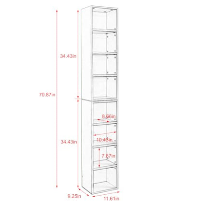 Tall Narrow Bookshelf,8-Tiers Bookcase with Adjustable Shelves,Double-Decker Combination Thin Media Tower Rack,CD DVD Slim Storage Cabinet for Living Room,Bedroom,Studio and Office (Black, 71"H) - color: Black
