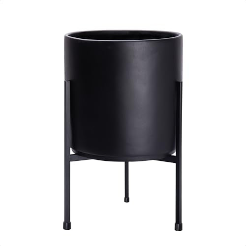 D'vine Dev Cylinder Planter Pot with Metal Stand, Black, 10 in, 96-T-B-2 | Durable Fiberclay Construction, Sleek Modern Design, Heavy-Duty Iron Stand, Drainage Hole & Saucer, Elegant Indoor Display - color: Black, size: Medium 10 Inch