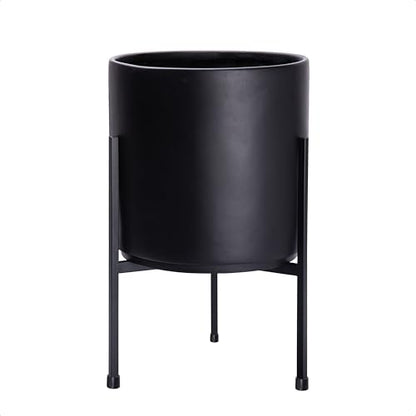 D'vine Dev Cylinder Planter Pot with Metal Stand, Black, 10 in, 96-T-B-2 | Durable Fiberclay Construction, Sleek Modern Design, Heavy-Duty Iron Stand, Drainage Hole & Saucer, Elegant Indoor Display - color: Black, size: Medium 10 Inch