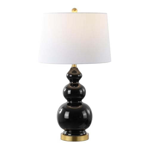 JONATHAN Y Bowen 27.5" Ceramic Triple Gourd Table Lamp, Black/Brass Gold | Contemporary, White Linen Drum Shade, Modern Transitional Style, Metal Base, LED Bulb Included - color: Black