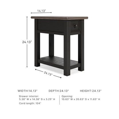 Signature Design by Ashley Narrow Chairside End Table with Charging Station | Smooth-gliding remote drawer, Lower display shelf, Rustic 2-tone finish, Tyler Creek Series - color: Black