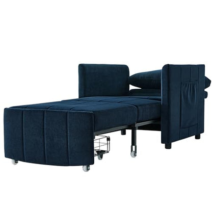Pull Out Sofa Bed for Living Room, 31.5" Upholstered Convertible Sleeper Sofa, 3-in-1 Convertible Sleeper Chair with 5-Position Adjustable Backrest, Side Pockets and a Storage Basket (Blue/352) - color: Blue/352