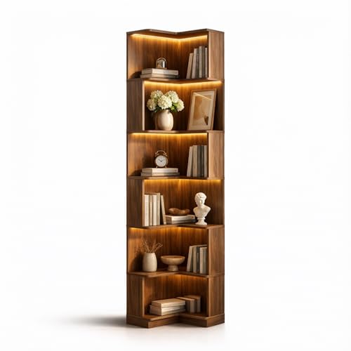 Corner Bookshelf, 5 Tier Tall Corner Bookcase with LED Lights, Freestanding L Shaped Open Display Shelf for Living Room, Bedroom, Home Office (Walnut) - style: Walnut-without drawers