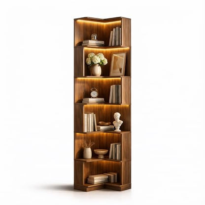 Corner Bookshelf, 5 Tier Tall Corner Bookcase with LED Lights, Freestanding L Shaped Open Display Shelf for Living Room, Bedroom, Home Office (Walnut) - style: Walnut-without drawers