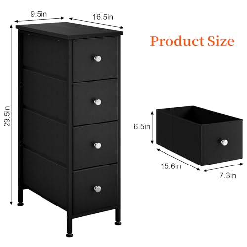 Fixwal Narrow Storage Cabinet, Slim Dresser with 4 Fabric Drawers, Black | 9.5in width, sturdy & stable structure, solid steel frame, wooden top, suitable for bedroom, bathroom & laundry room - color: Black, size: 16.5"D x 9.5"W x 29.5"H (4 Drawers)