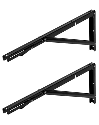 QWORK 24" Heavy Duty Folding Shelf Brackets for Wall Mounted Folding Tables Benches Shelves, Max Load 330lbs, 2 Pack Iron Bracket with Black Finish