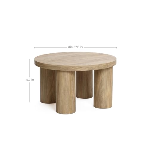 LuxenHome 27.5" Small Round Coffee Table with 4 Pillar Legs | Accent Center Table with 4 Sturdy Pillar Legs, Modern Farmhouse Style, Low-Profile Design - color: Dark Oak-l