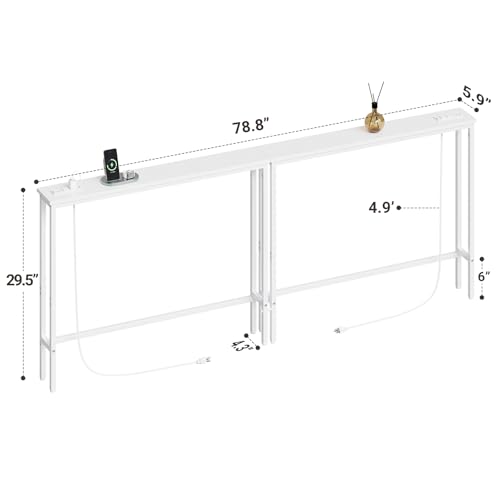ELYKEN 78.8'' Narrow Console Table with Outlet, Sofa Table Behind Couch | Skinny Entryway Tables with Charging Station for Living Room, Hallway, 5.9 x 78.8 x 29.5in, White - color: White, size: 5.9"DX78.8"WX29.5"H