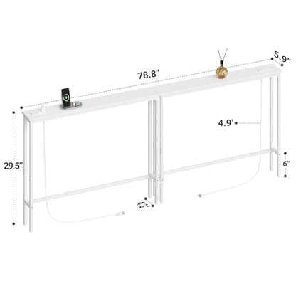 ELYKEN 78.8'' Narrow Console Table with Outlet, Sofa Table Behind Couch | Skinny Entryway Tables with Charging Station for Living Room, Hallway, 5.9 x 78.8 x 29.5in, White - color: White, size: 5.9"DX78.8"WX29.5"H