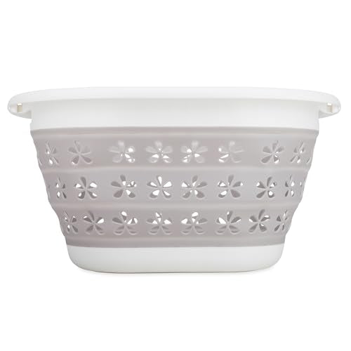 Camco Collapsible Laundry Basket, Small, Taupe/White - Pop Open Waterproof Plastic Bin with Handles for Home, Dorm, RV Storage - size: 10 inches tall expanded