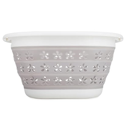 Camco Collapsible Laundry Basket, Small, Taupe/White - Pop Open Waterproof Plastic Bin with Handles for Home, Dorm, RV Storage - size: 10 inches tall expanded