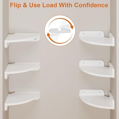 YAOHUOO Corner Shelf Wall Mounted with Light, Set of 3, White | Corner Floating Shelves, Cord Hole for Cable Box, Round End, For Bedroom, Living Room and Kitchen