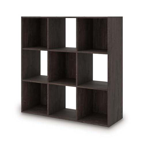 Signature Design by Ashley Piperton Nine Cube Organizer, Contemporary 3x3 Cubby Shelf, Dark Charcoal Finish, Engineered Wood Bookshelf for Bedroom or Home Office Storage, Fits 10.5" Bins - color: Charcoal, size: Nine Cube
