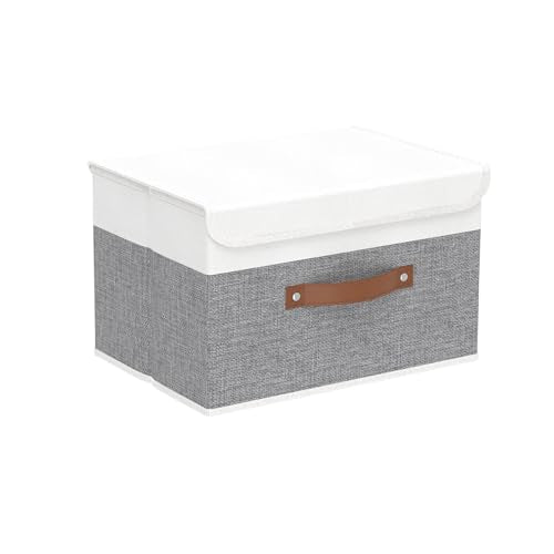 Yawinhe Collapsible Storage Boxes,White/Grey,10.2x7.9x6.7in,1-Pack | Fabric Storage bin with Lids, Washable Cube Organizer Basket; Container with Leather Handle,Closet Organizer for Home - color: White/Grey, size: S/(1 Pack)