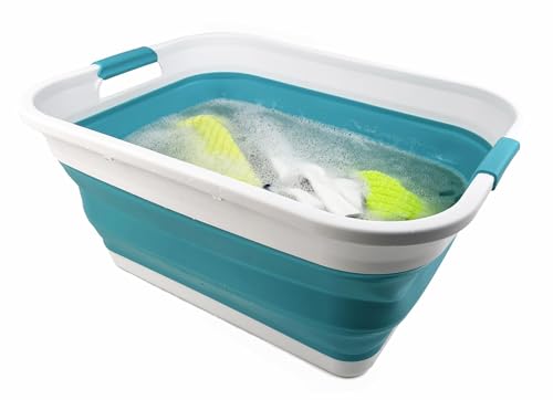 SAMMART 41L (10.8 gallons) Collapsible Plastic Laundry Washing Tub/Basket-Foldable Pop Up Storage Container/Organizer-Portable Laundry Hamper-Space Saving (1, White/Ceramic Blue) - color: White/Ceramic Blue