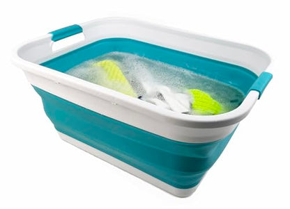 SAMMART 41L (10.8 gallons) Collapsible Plastic Laundry Washing Tub/Basket-Foldable Pop Up Storage Container/Organizer-Portable Laundry Hamper-Space Saving (1, White/Ceramic Blue) - color: White/Ceramic Blue