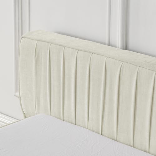 Queen Size Upholstered Bed Frame, Modern Grounded Bed with Solid Wood Slats, Pleated Headboard, Sturdy Construction, No Box Spring Needed, Grey (Beige, Queen) - color: Beige