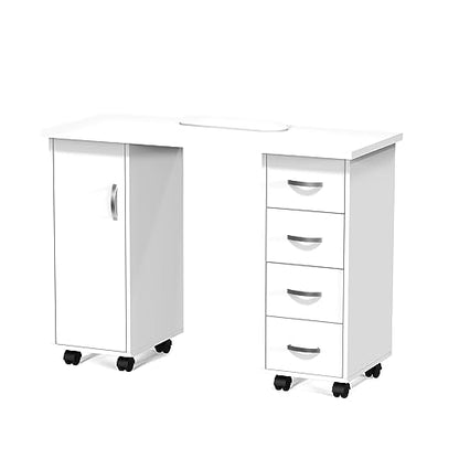 OmySalon Manicure Table Nail Desk w/Cabinet, Drawers, Wheels & Wrist Rest, Spa Salon Beauty Home Wooden Technician Workstation Nail Art Equipment for Nail Tech, White - color: White
