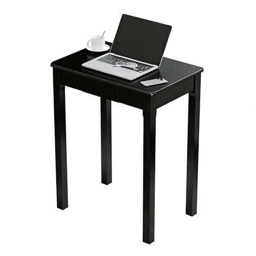 Solid Wood Desk with Drawers - 24 x 16 Inch Simple Narrow Desks, Rubber Wood Study Table, Small Writing Desk for Small Spaces|Bedroom - Modern Black Desks - color: Black, size: 23.6 in W x 15.7 in D