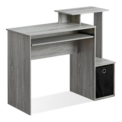 MAKLAINE Wood Computer Writing Desk, French Oak Gray and Black Finish, 39.4" W x 15.8" D x 34.1" H, Compact Design with Keyboard Tray, Storage Bin, Home Office Workspace