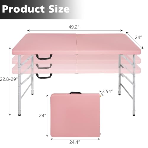 Portable 4Ft Folding Table, Heavy Duty Plastic Fold-in-Half Utility Foldable Table Small, Adjustable Height Plastic Folding Table with Carrying Handle for Camping & Party Indoor/Outdoor (Pink) - color: Pink, size: 4Ft