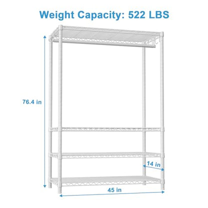 H4 Plus Garment Rack, 4-Tier Portable Clothes and Clothing Rack for Bedroom and Cloakroom, Closet Storage and Organizer Wardrobe System, 45" W x 14" D x 76.4" H, Load 522lbs, White | Heavy-Duty Metal Clothing Storage and Organizer Wardrobe System for Cloa