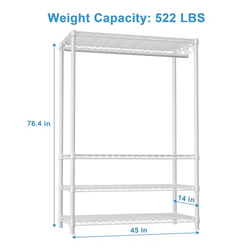 H4 Plus Garment Rack, 4-Tier Portable Clothes and Clothing Rack for Bedroom and Cloakroom, Closet Storage and Organizer Wardrobe System, 45" W x 14" D x 76.4" H, Load 522lbs, White | Heavy-Duty Metal Clothing Storage and Organizer Wardrobe System for Cloa