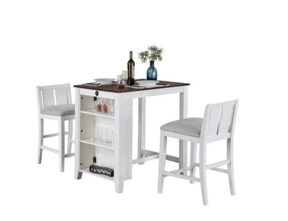 Lilola Home Graham 3-Piece White Finish Small Space Counter Height Dining Set with USB Charging Ports, Storage Shelves, and 2 Cream Upholstered Chairs — Compact Dining Furniture for Apartments - color: White