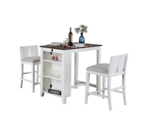 Lilola Home Graham 3-Piece White Finish Small Space Counter Height Dining Set with USB Charging Ports, Storage Shelves, and 2 Cream Upholstered Chairs — Compact Dining Furniture for Apartments - color: White