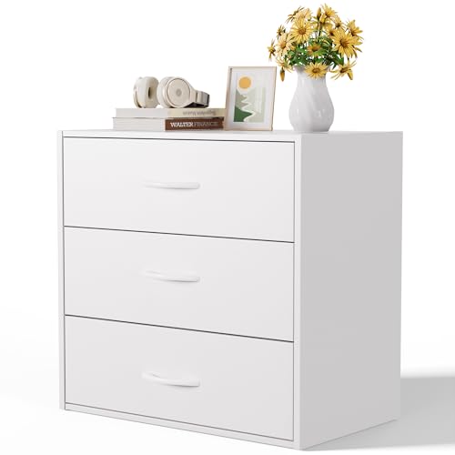 PrimeZone 3 Drawers Wood Closet Dresser Stackable Storage Organizer White | Modular Chest Cabinet Clothes Short Small Low Deep Bedroom Dorm Underbed Wardrobe Nursery Office Inside Pull Out Space Saving