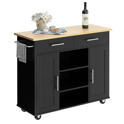Shintenchi Kitchen Island with Storage, Kitchen Island Cart on Wheels with 3 Open Shelves, 2 Drawers and 2 Cabinets, Rolling Kitchen Table with Large Countertop, Black - color: Golden