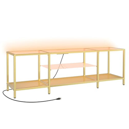 HOOBRO TV Stand with LED Lights and Power Outlets for TVs up to 75", Modern 63 Inch Tempered Glass TV Console Table with Open Shelves, Media Entertainment Center for Living Room, Gold GD165UDS01 - size: 63 Inch
