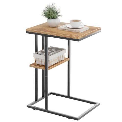 C Shaped End Table, Small Side Table for Couch and Bed, Wood Snack Table with Metal Frame for TV Tray, Sofa, Living Room, Bedroom, Bedside (Oak) - color: Oak Brown+black