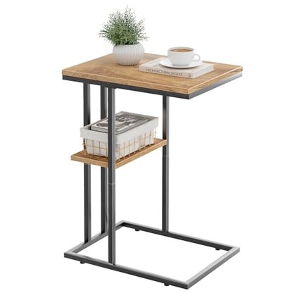 C Shaped End Table, Small Side Table for Couch and Bed, Wood Snack Table with Metal Frame for TV Tray, Sofa, Living Room, Bedroom, Bedside (Oak) - color: Oak Brown+black