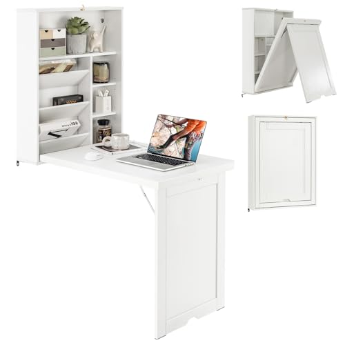 Wall Mounted Desk, Wood Collapsible Floating Desk, Convertible Computer Desk with Storage Area, Hanging Fold Out Table for Home Office, Small Spaces (White) - color: White