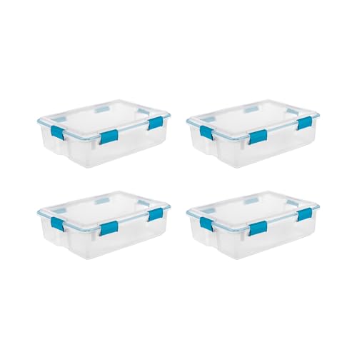 Sterilite Gasket Storage Box with Lids for Home & Office, 37 Quart, 4-Pack | Heavy-Duty, Stackable, and Organizing Containers for Bathroom, Cabinet, Closet, and Garage, Clear and Blue Aquarium Latches - size: 37 Quart, style: 4 Pack