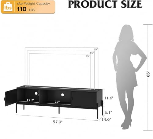WLIVE 58" TV Stand for 65 Inch TVs, Mid Century Modern Entertainment Center with 2 Storage Cabinets & Open Shelf, Media Console Table with Metal Legs for Living Room, Bedroom, Black - color: Black