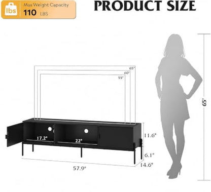 WLIVE 58" TV Stand for 65 Inch TVs, Mid Century Modern Entertainment Center with 2 Storage Cabinets & Open Shelf, Media Console Table with Metal Legs for Living Room, Bedroom, Black - color: Black