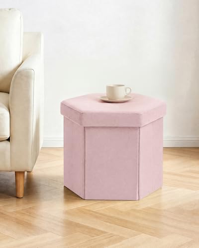 B FSOBEIIALEO Storage Ottoman Cube Hexagonal Pouf Ottomans, Foot Rest Seat for Sofa Footrest Entryway Shoe Footstool for Living Room/Bedroom/Entrway Velvet Pink 16.93"x15"x15" - color: Pink