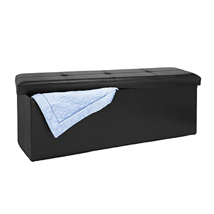 Simplify Faux Leather Folding Storage Ottoman | Triple | Collapsible | Tufted Padded Seating | Foot Rest | Bench | Toy Box | Black - color: Black, size: 15"D x 44"W x 15"H