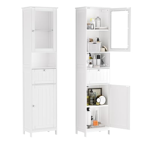 Greenvelly 67" Tall Bathroom Storage Cabinet, Narrow Freestanding Storage Unit with Magnetic Door, Drawer & Adjustable Shelves, Anti-Tip Floor Cabinet for Bathroom, Living Room, White - color: White